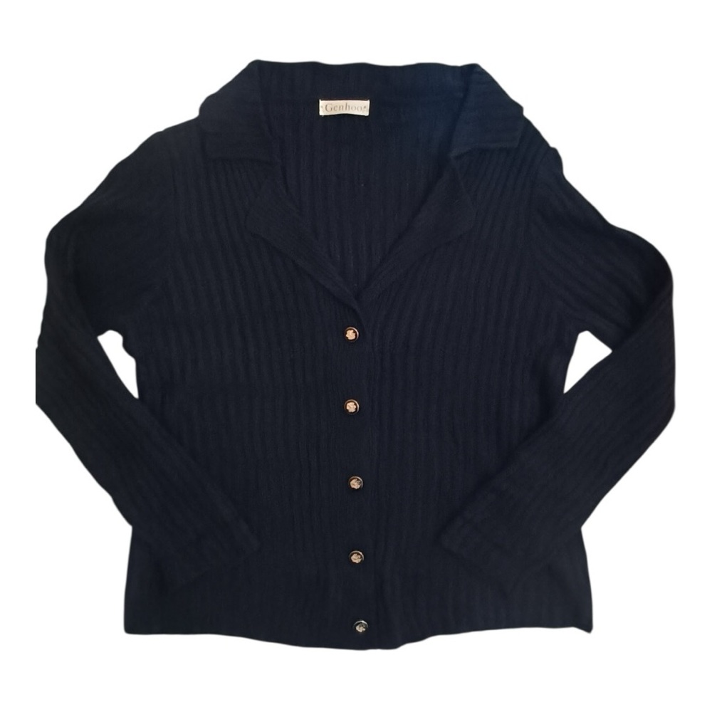 Genhoo Women’s Navy Turn Down Collar Cardigan Sweater Size M